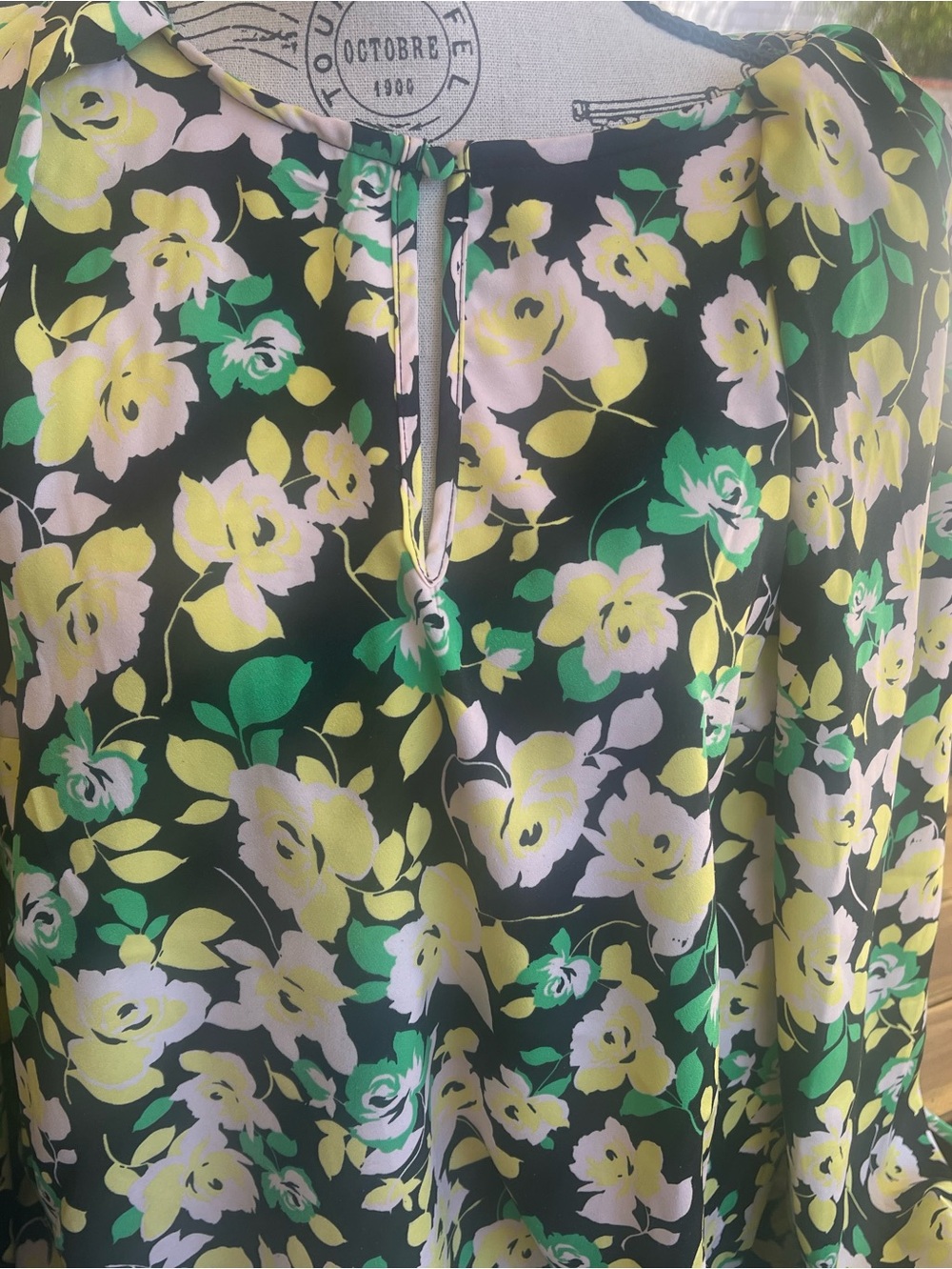 Who What Wear Black Floral Keyhole Blouse with Yellow, Green & Pink Flowers